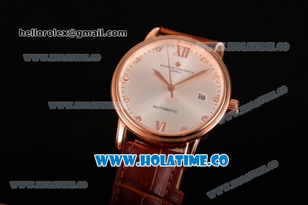 Vacheron Constantin Patrimony Miyota 9015 Automatic Rose Gold Case with Silver Dial and Rose Gold Roman Numeral/Diamonds Markers - Click Image to Close